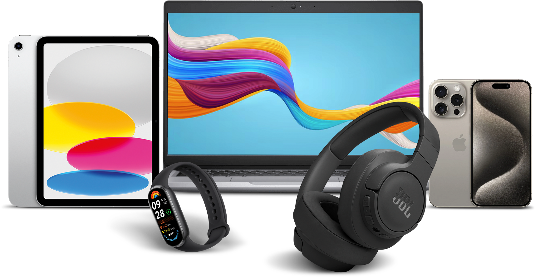 Imagem contendo um iPad, um notebook samsung, smart watch, fone da jbl e um iPhone.